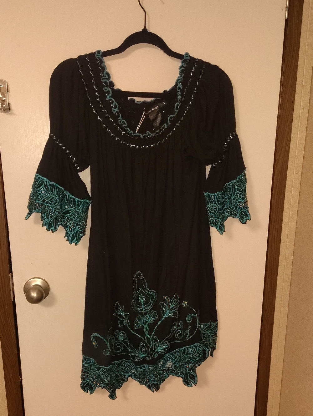 Black Dress with Teal Embroidered Accents - Women's Wedding Dress/Party Dress